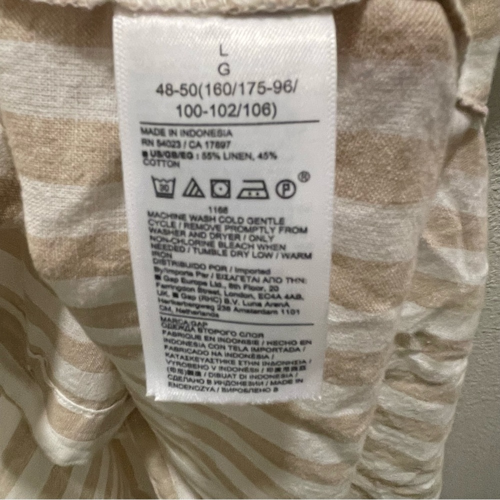 Gap Puff Sleeve Linen-Cotton Khaki Tan/White Strip Shirtdress Size Large New - Picture 6 of 6